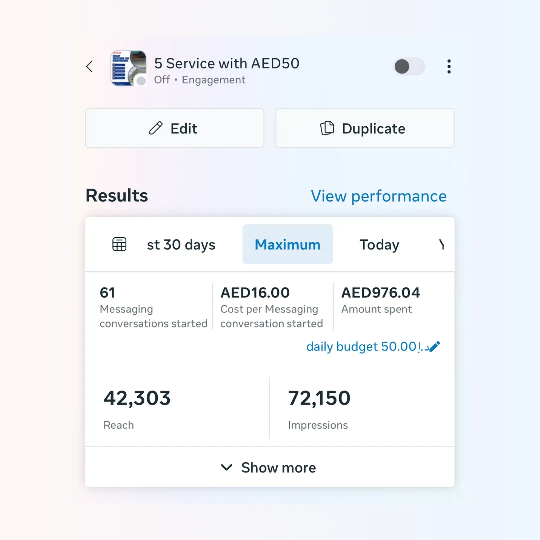 Facebook ads campaign results: 61 WhatsApp conversations at AED 16 each and 42,303 reach