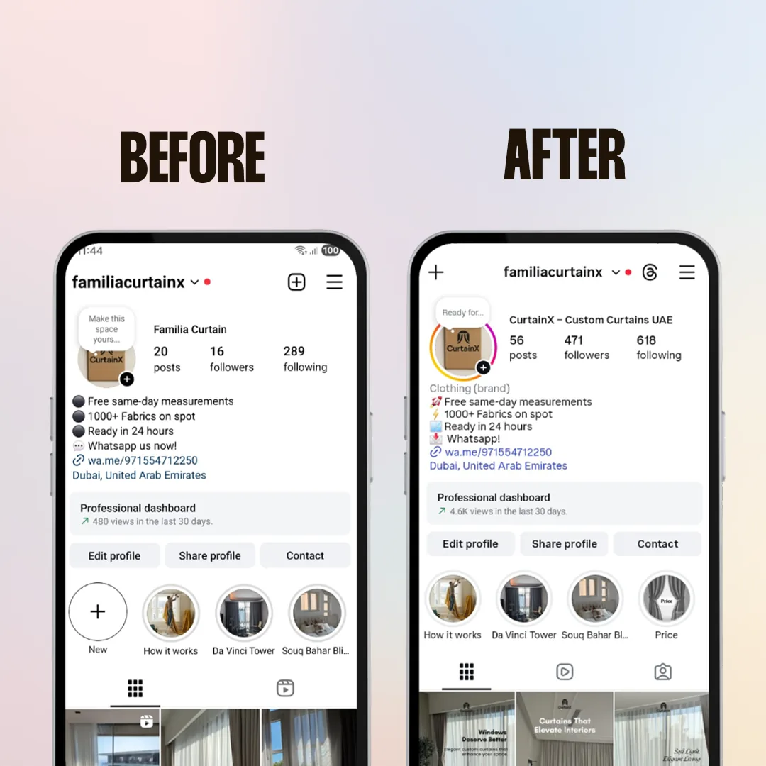Instagram profile makeover before and after for Familia Curtains in Dubai