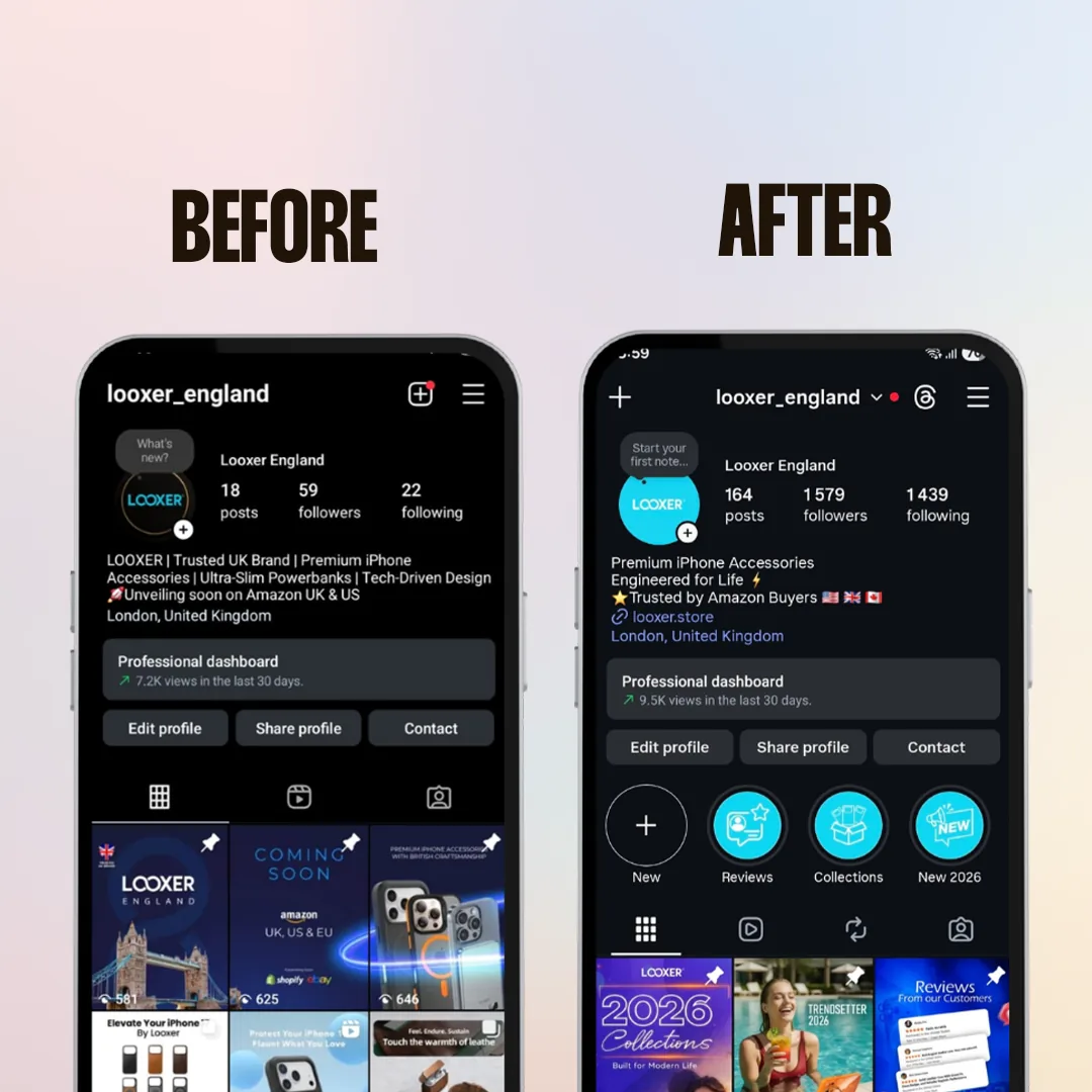 Instagram profile makeover before and after for Looxer England, an iPhone accessories brand