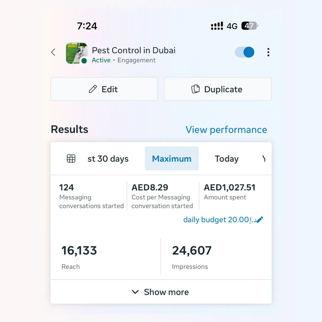 Meta Ads results for a Dubai pest control company: 124 WhatsApp conversations at AED 8.29 each